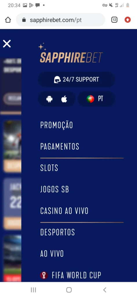 tela menu celular sapphirebet