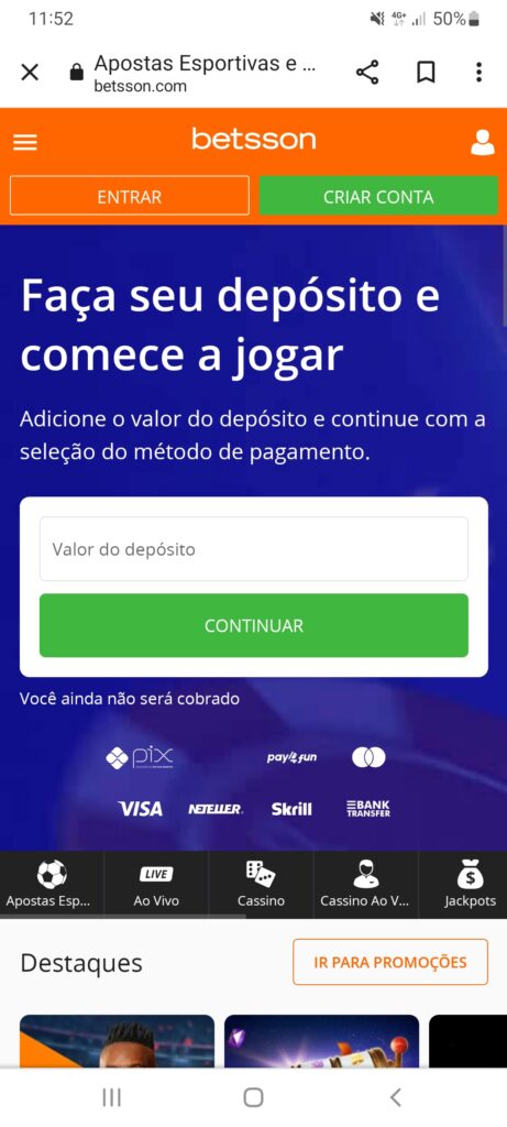 Tela inicial betsson celular