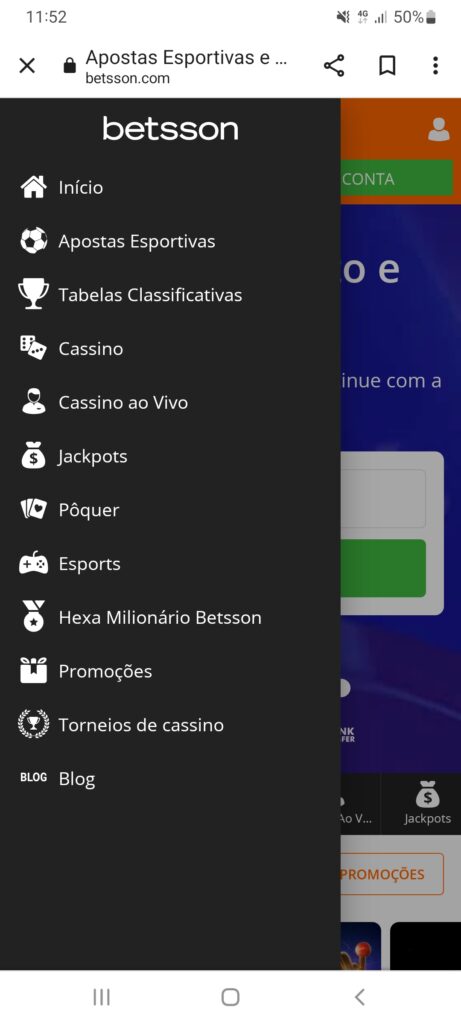 Menu celular betsson